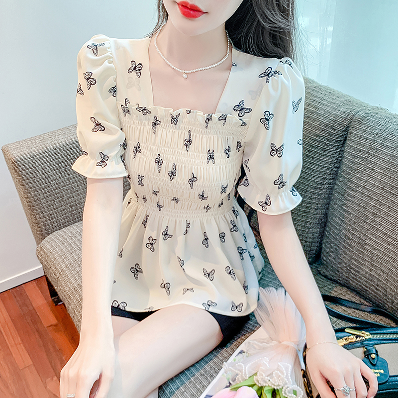 法式方领夏季大码新款碎花女士减龄衬衫设计感小众收腰短袖上衣