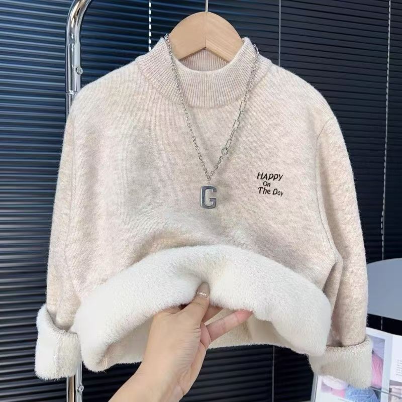 2024冬季男女童半高领加绒保暖毛衣中大童加厚一体绒针织衫儿童