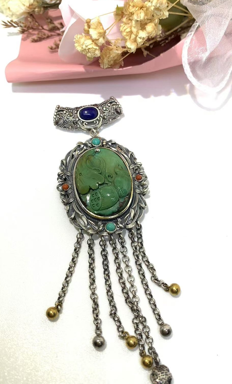 原创设计独特孤品天然松石928银镶嵌吊坠