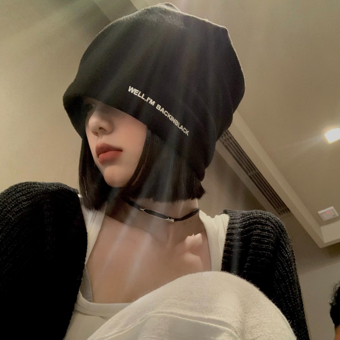 字母黑色堆堆帽女秋冬季日系大头围显脸小包头冷帽网红月子帽子潮