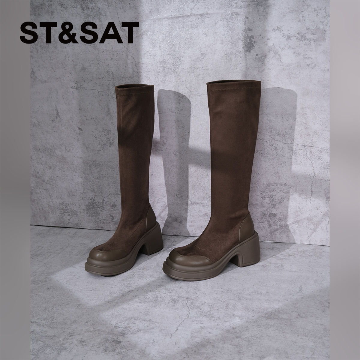 【摩登女郎】星期六百搭秋冬绒感时装女士显腿直圆头长筒厚底靴7B06