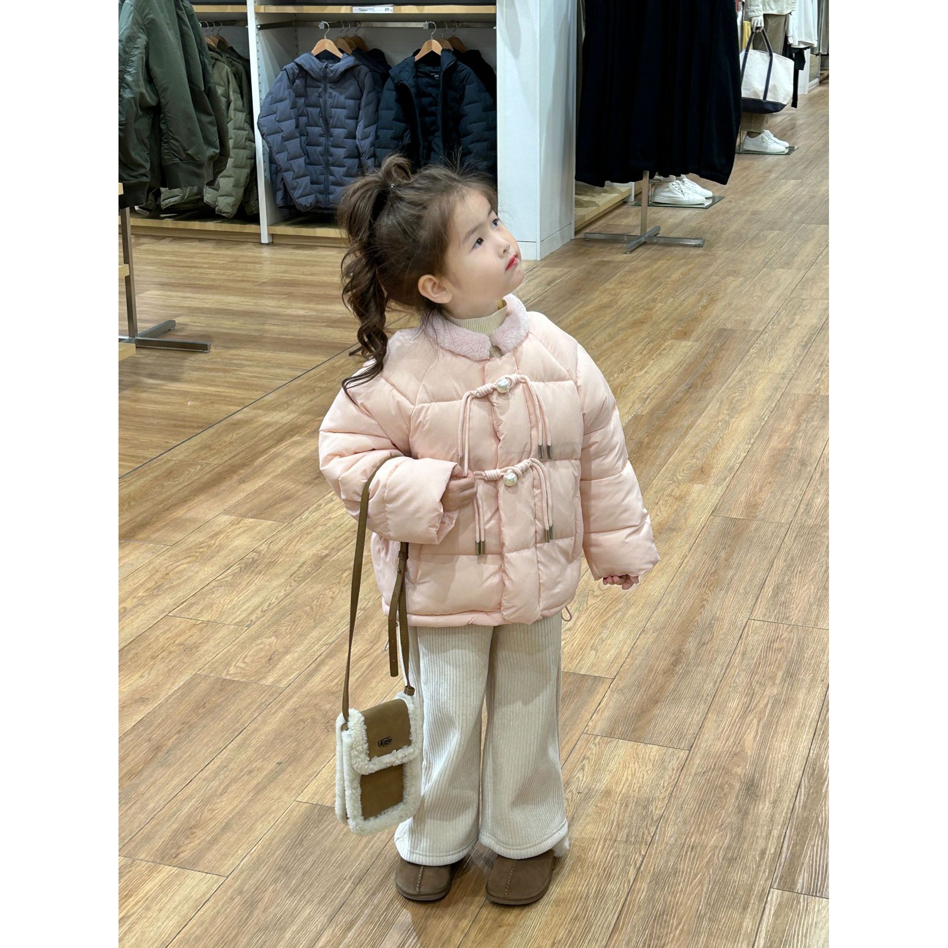 韩版童装女童国风新中式棉服外套大衣女宝立领毛毛棉衣年服拜年服