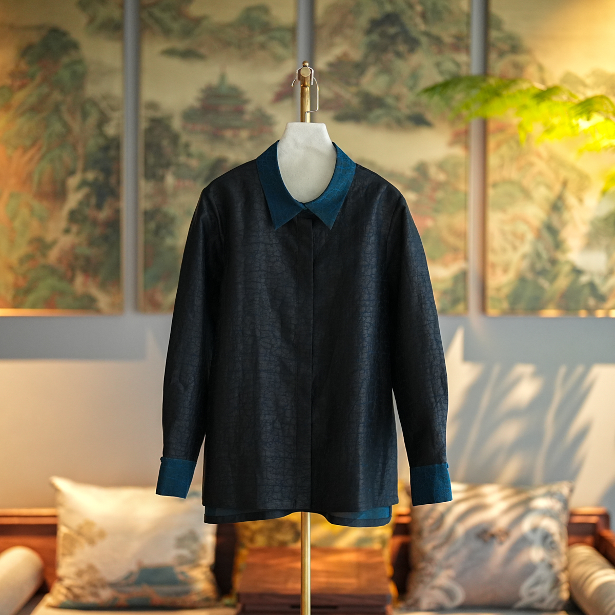 蓝大【云拥川】桑蚕丝龟裂纹新中式长袖上衣6823文艺宽松