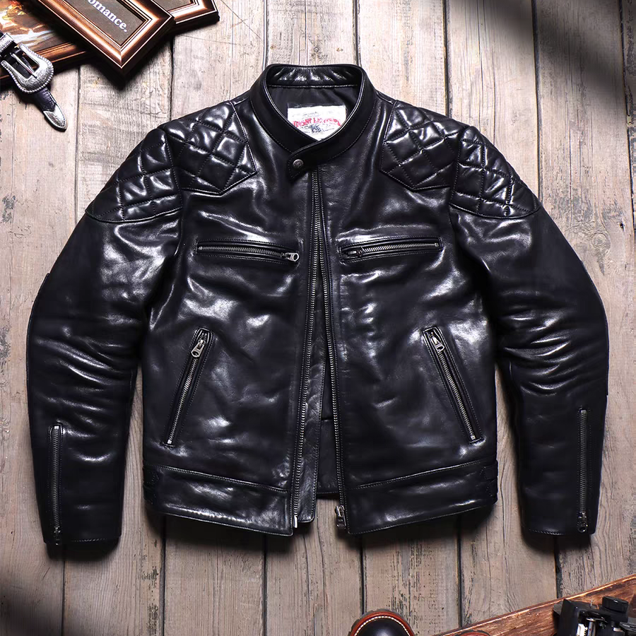 1.4mm无涂植鞣小牛皮小贝同款机车皮衣水洗复古真皮男士皮夹克