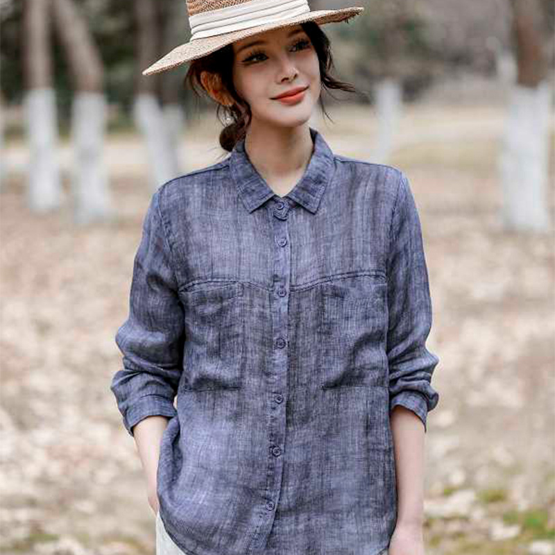 (苎麻方领双口袋衬衫)8695单排扣子宽松显瘦百搭休闲苎麻衬衫D