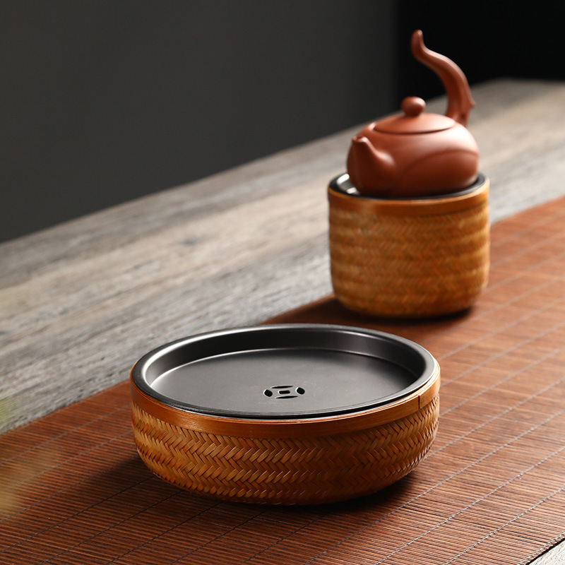 手工竹编储水式功夫茶盘 中式家用干泡台圆形茶海竹编壶承 水盂