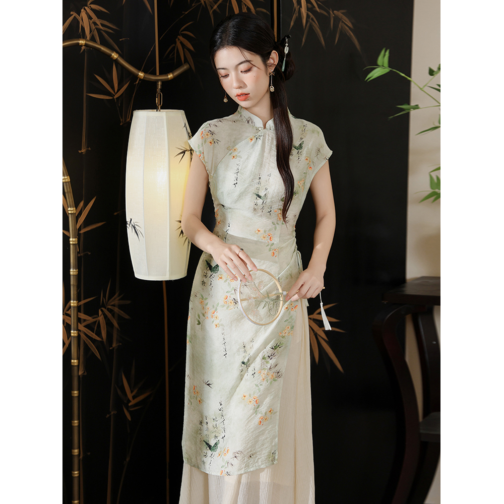 新中式复古国风改良旗袍套装水墨花鸟印花优雅少女气质长裙夏6306