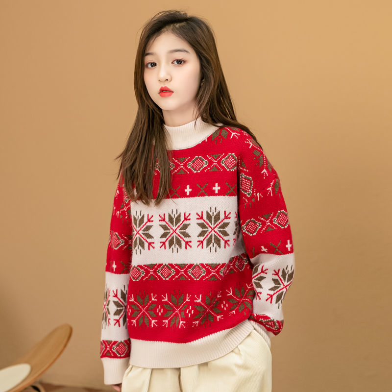 女童毛衣2023新款中大童红色加厚针织上衣洋气新年宽松儿童毛线衣