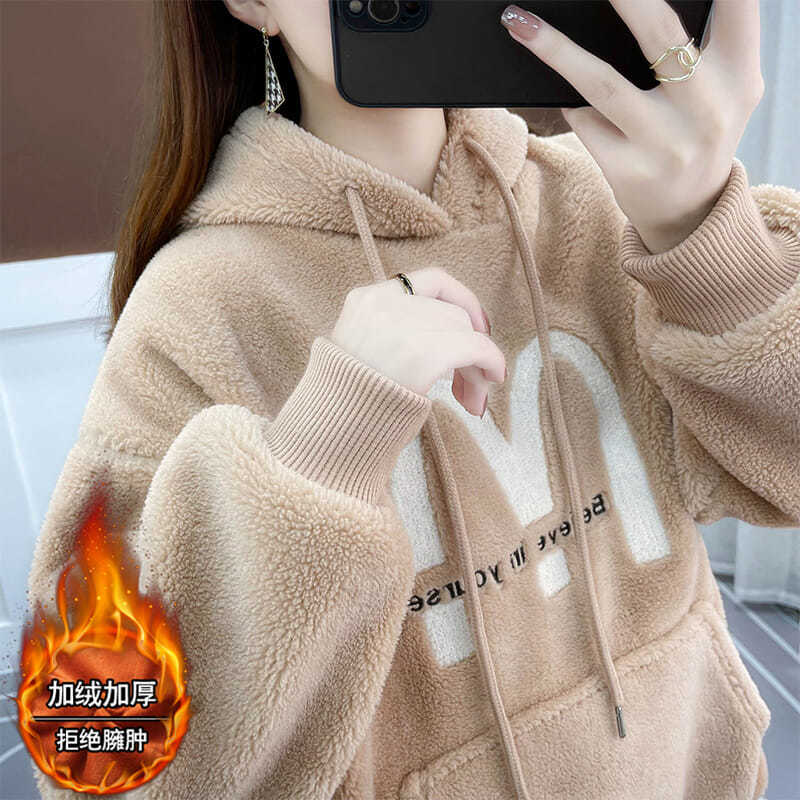 女童加绒加厚卫衣2023新款中大童羊羔绒儿童外穿保暖秋冬季宽松