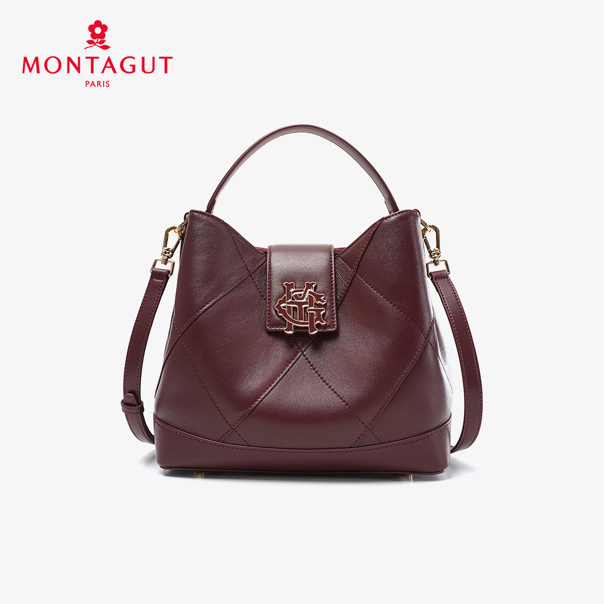 Montagut/梦特娇羊皮水桶包手提单肩斜挎时尚百搭女士菜篮子包