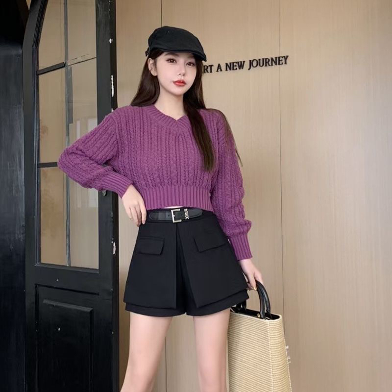 9250白胖美秋冬新款网红高腰假腰带显瘦口袋双层洋气短裤