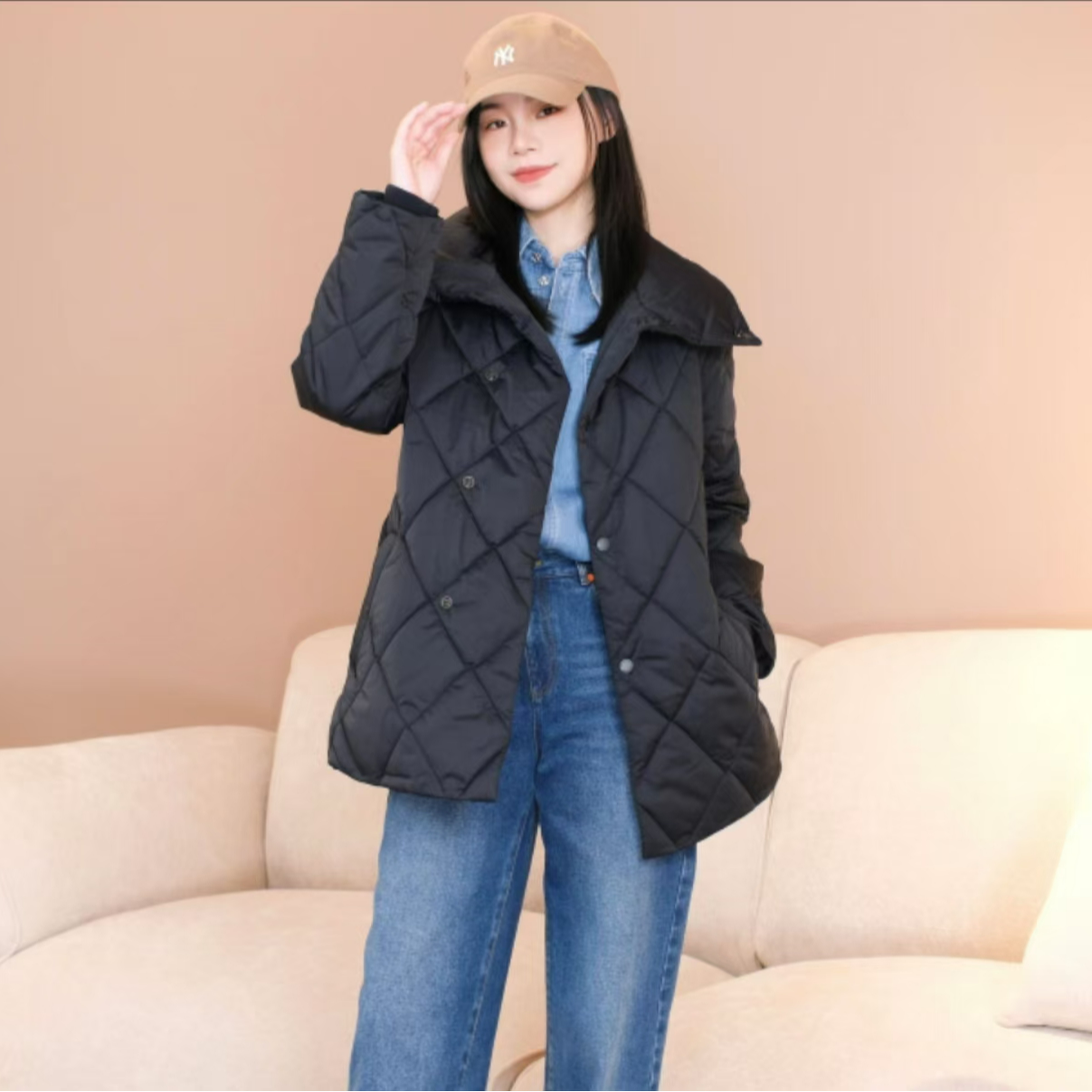 哥弟冬季新款时尚休闲百搭宽松新雪丽保暖棉服外套女1400729