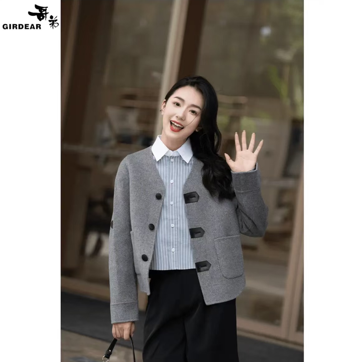 哥弟复古时尚V领宽松短款英伦风毛呢外套1400779