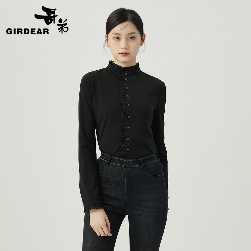 GIRDEAR/哥弟新款法式宫廷风木耳边衬衣长袖立领纯色衬衣 1300936