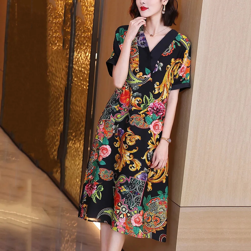 1282 洋气妈妈V领印花连衣裙2025夏季新款气质奢华碎花贵夫人长裙