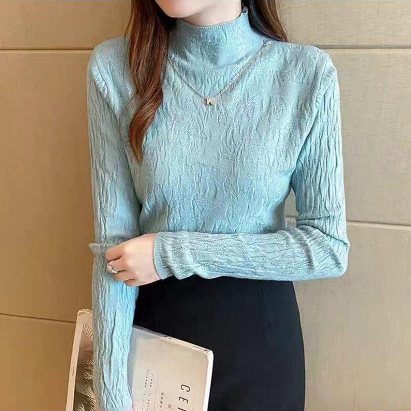 早秋季新款半高领链条毛衣女薄款长袖打底针织衫弹力修身洋气上衣