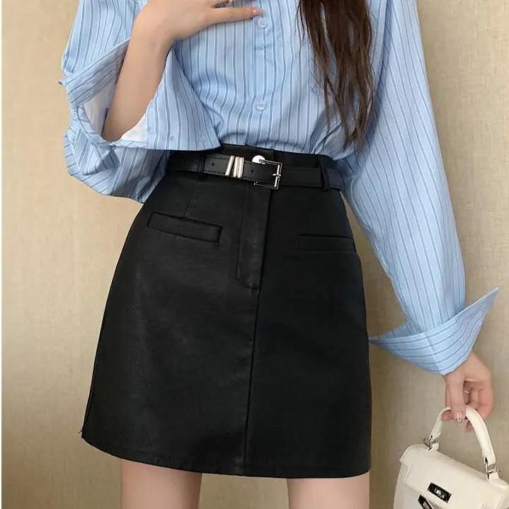 大码高腰pu小皮裙秋季新款半身裙显瘦短裙遮肚子a字裙一步包臀裙
