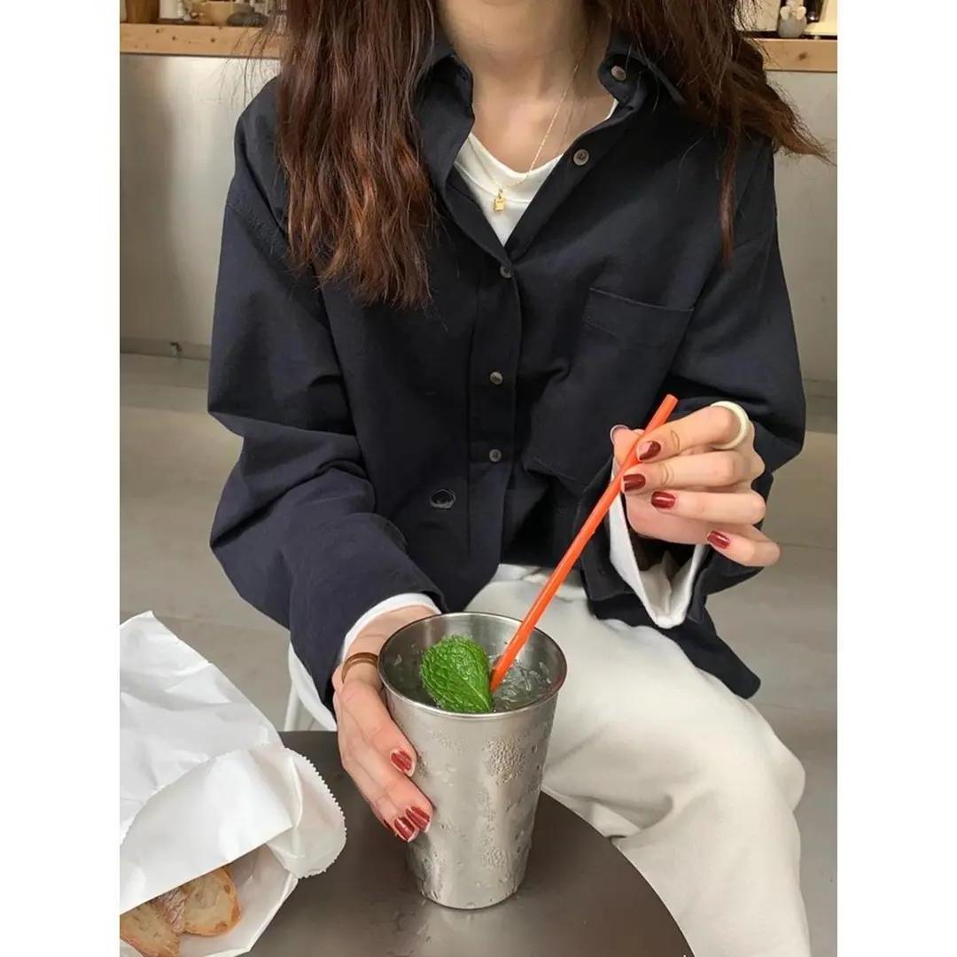 秋冬新款磨毛加厚黑色衬衣宽松慵懒风韩系复古翻领衬衫女内搭上衣