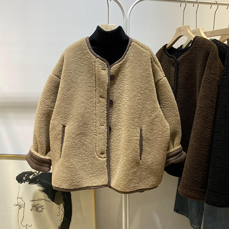 设计感撞色皮毛一体外套女秋冬款圆领单排扣开衫棉衣上衣潮