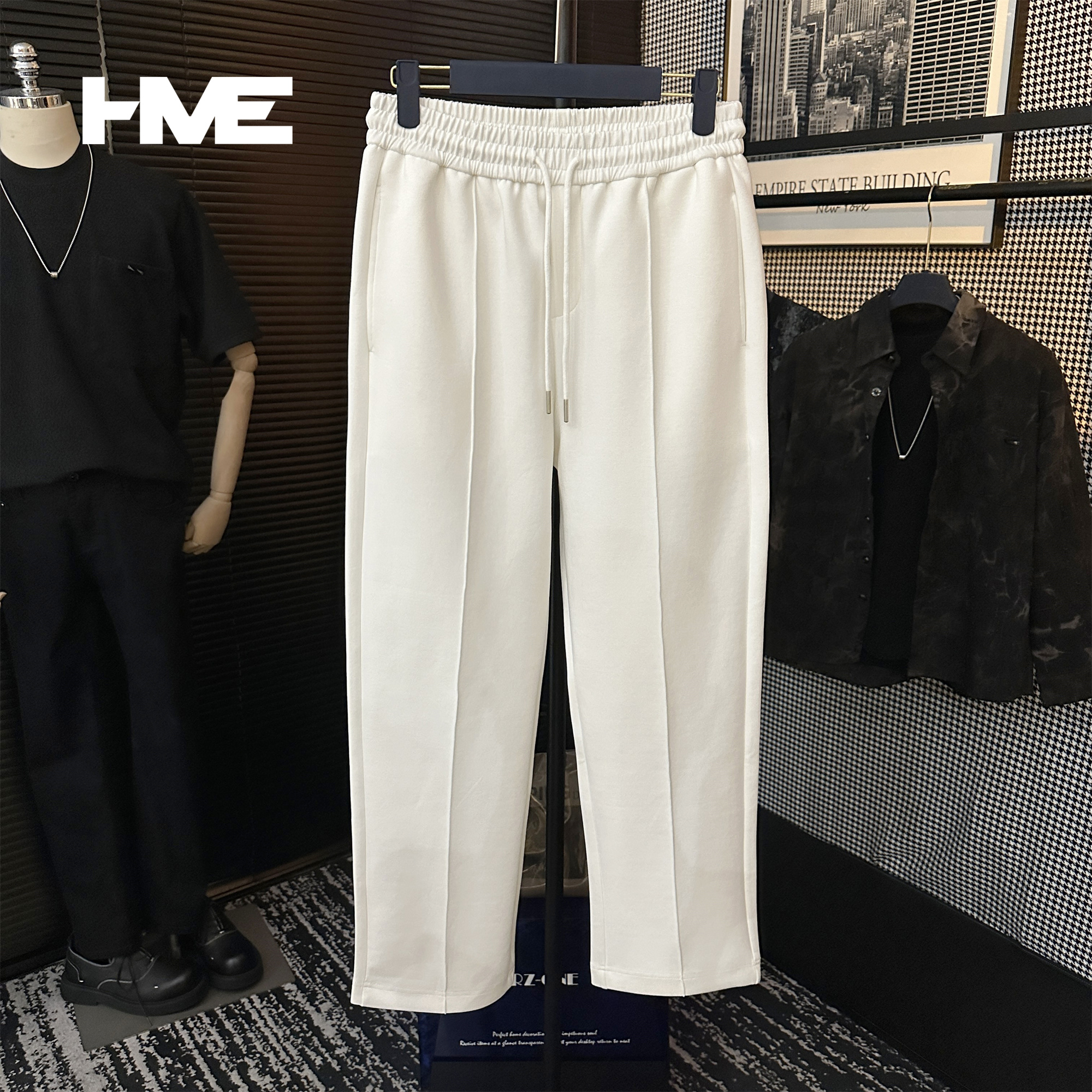 【HMEYAO】秋季男士百搭轻熟气质风纯色简约高级松紧腰直筒休闲裤子