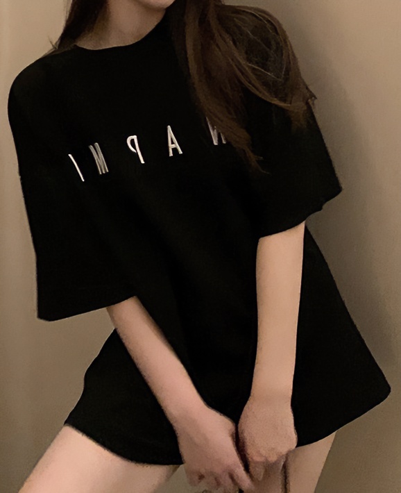 夏季黑色百搭宽松ins休闲高腰圆领t恤显瘦小众远半袖学生设计感