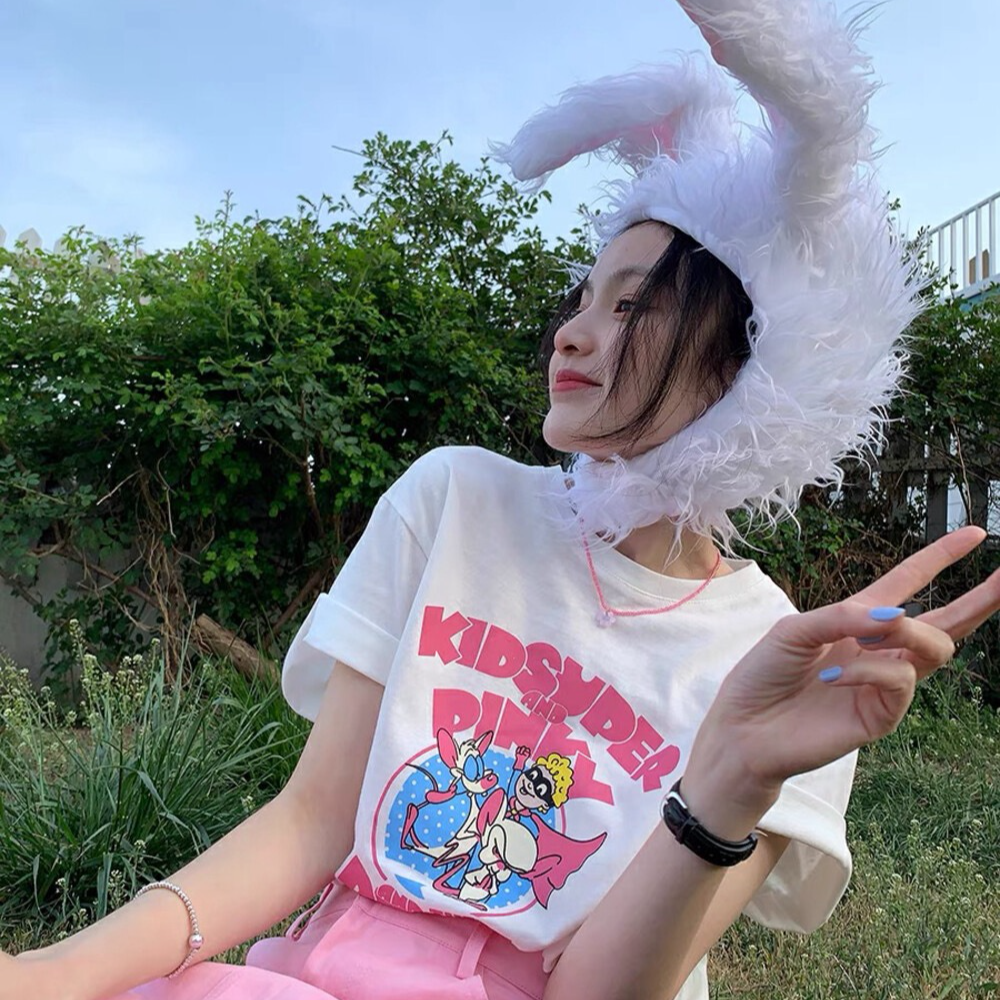 t恤白色百搭夏季宽松学生印花卡通时尚休闲半袖小众ins圆领设计感