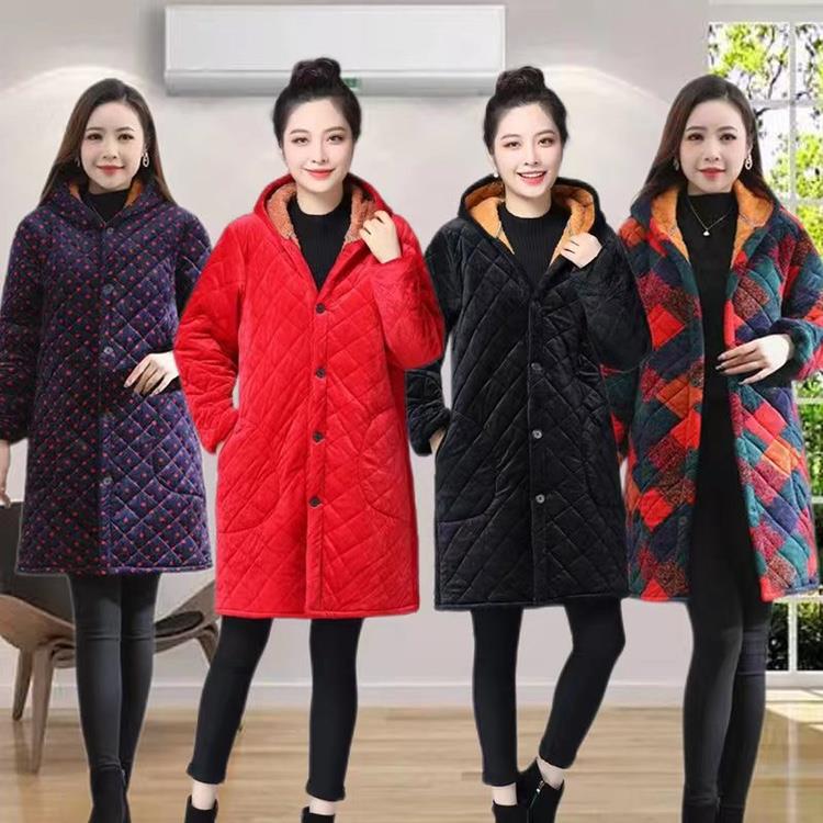 加绒加厚女罩衣尺码连帽罩衫厨房围裙中长款冬妈妈装厚外套工作服