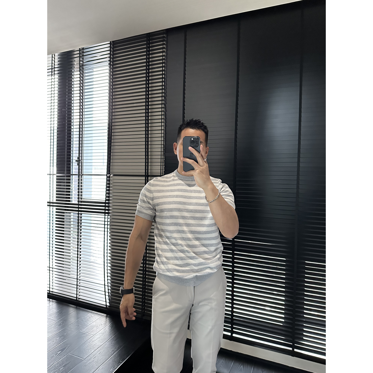 DAN LANG 12#桑蚕丝混纺棉条纹圆领男士短袖T恤针织衫