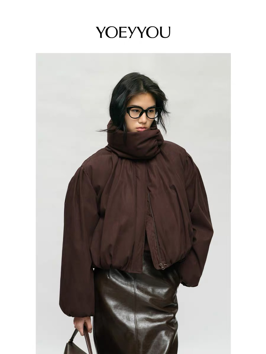 YOEYOU抽皱球型羽绒外套24冬新品设计师款高立领白鹅绒宽松外套