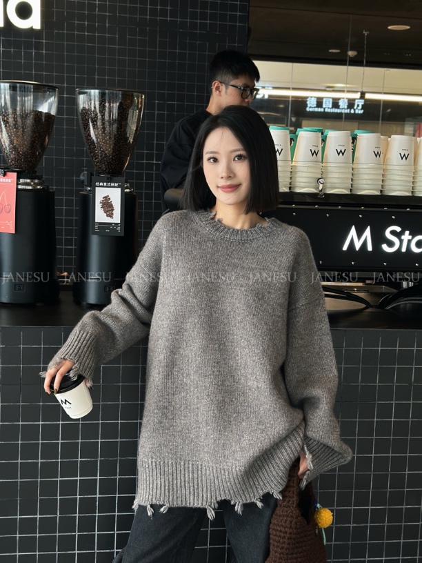 JOUOCOKO设计师品牌领边毛须边圆领绵羊毛毛衣