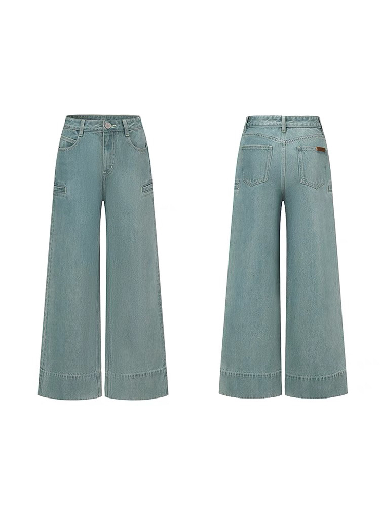 ODTD纯棉制蓝绿色涂蜡感双腰头水洗牛仔裤长裤