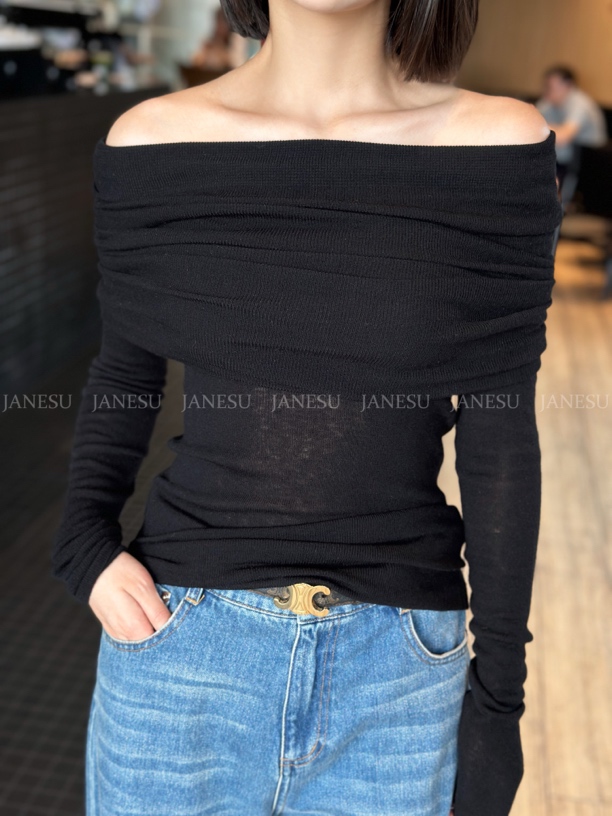 JOUOCOKO 24AW百分百美丽诺羊毛一字肩针织上衣