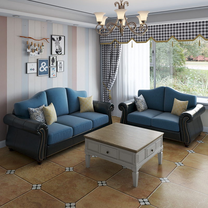 美式沙发真皮布艺结合地中海蓝色三人位大小户型转角组合仿古家具