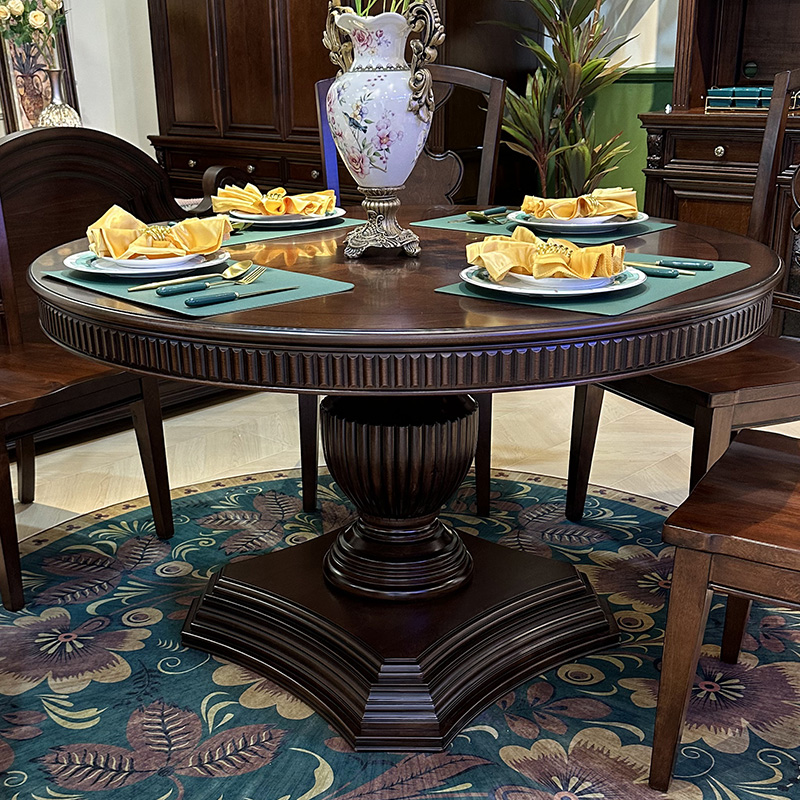 美式圆餐桌椅组合纯实木1.5米别墅圆桌餐厅家具1.4米雕花圆形桌子
