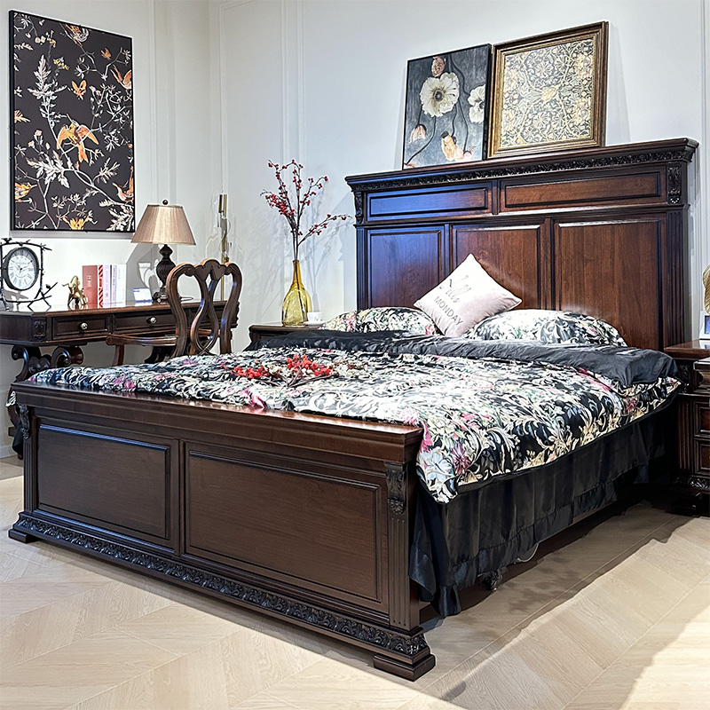 美式床实木床雕花纯原木别墅主卧家具2米大床婚房高箱储物双人床