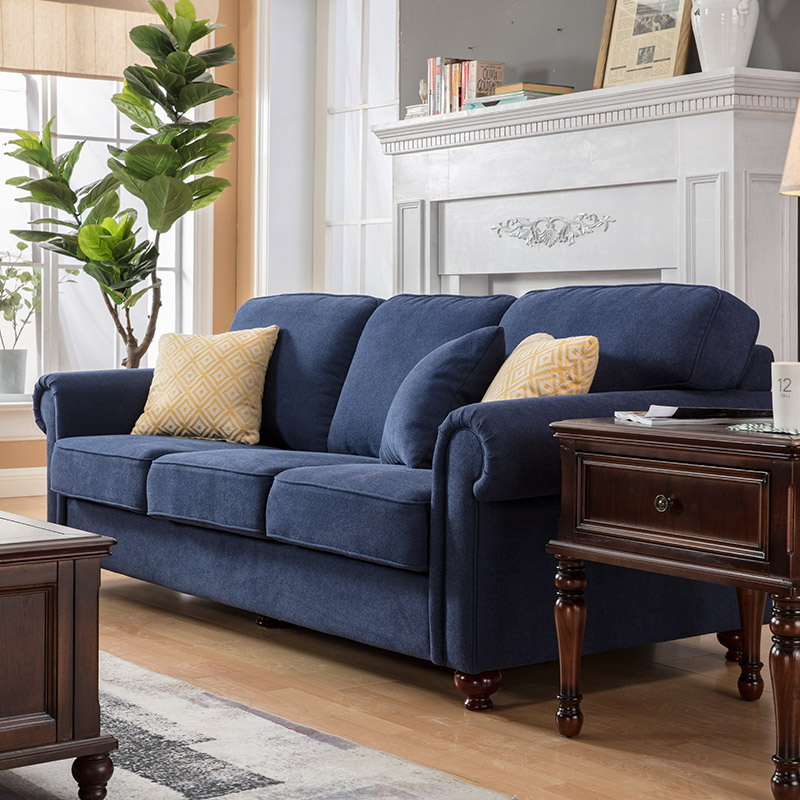 美式布艺沙发组合地中海宝蓝藏蓝深蓝色绒布三人位小户型北欧客厅