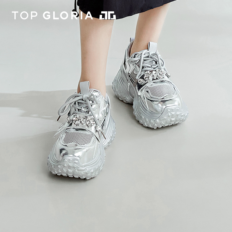 汤普葛罗2024夏季新款透气网面闪耀水钻休闲鞋街潮榴莲底老爹鞋女