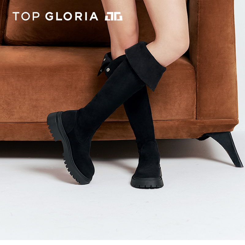 汤普葛罗2024秋冬新款四穿翻折厚底粗跟显瘦过膝靴甜酷辣妹长筒靴