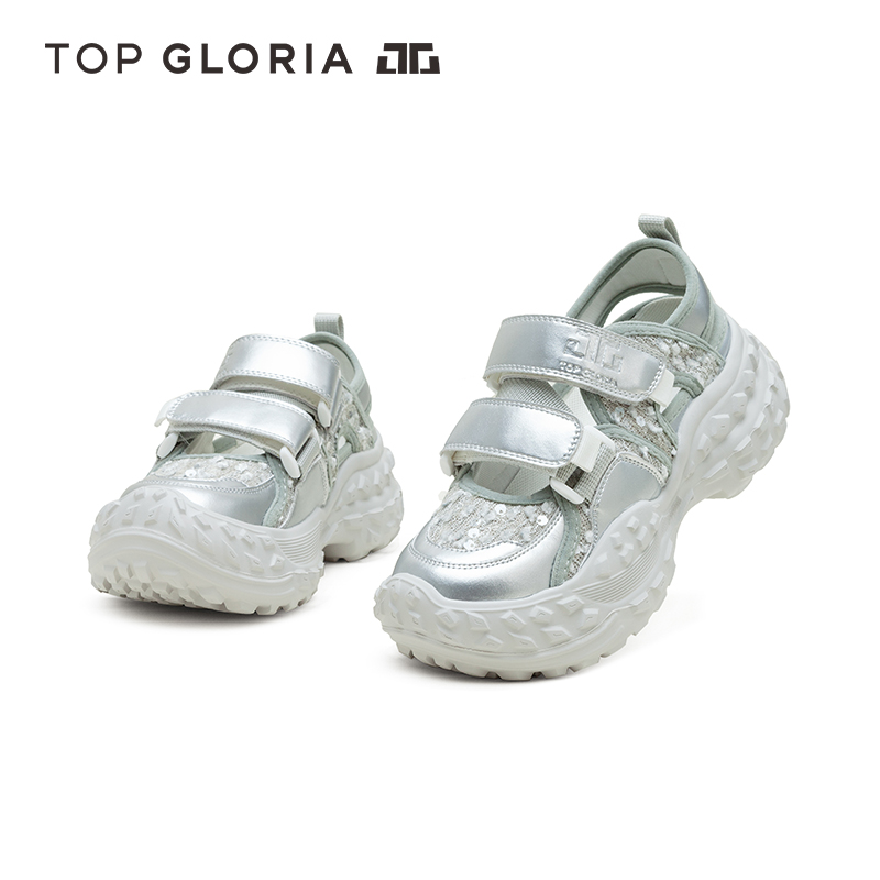 汤普葛罗2024夏季新款运动凉鞋时尚亮片厚底休闲鞋轻便魔术贴女鞋