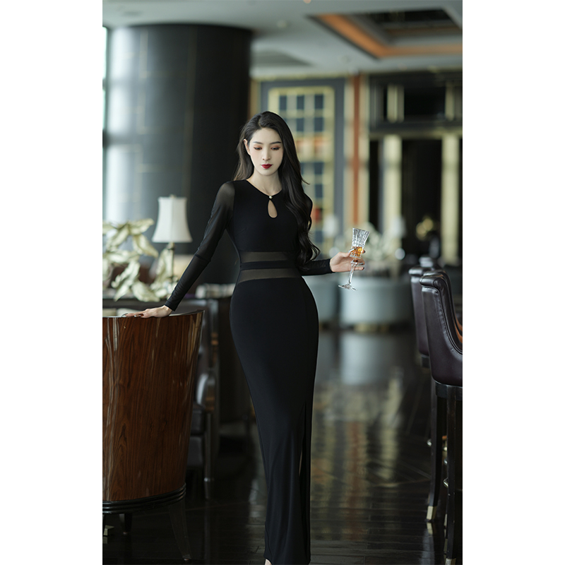 YOUKEFEIER 原创设计性感轻奢网纱拼接长袖圆领侧开叉气质连衣裙