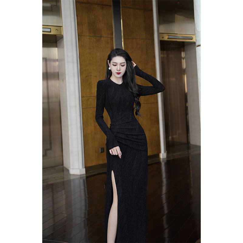 【尤克菲儿】原创设计高定亮丝褶皱针织轻奢气质优雅修身收腰连衣裙