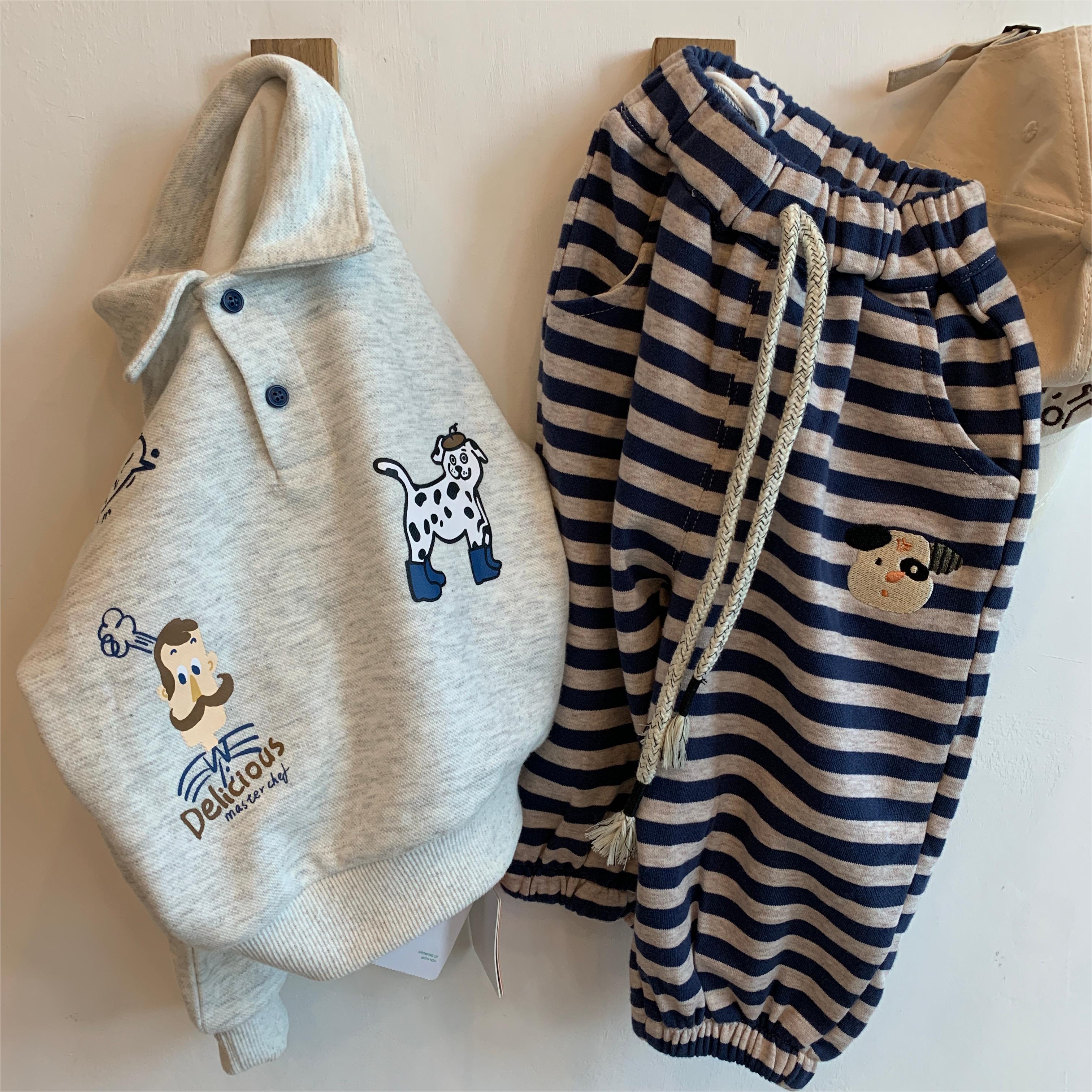 童装儿童春秋套装2025新款洋气时髦运动男女童翻领加绒卫衣条纹裤