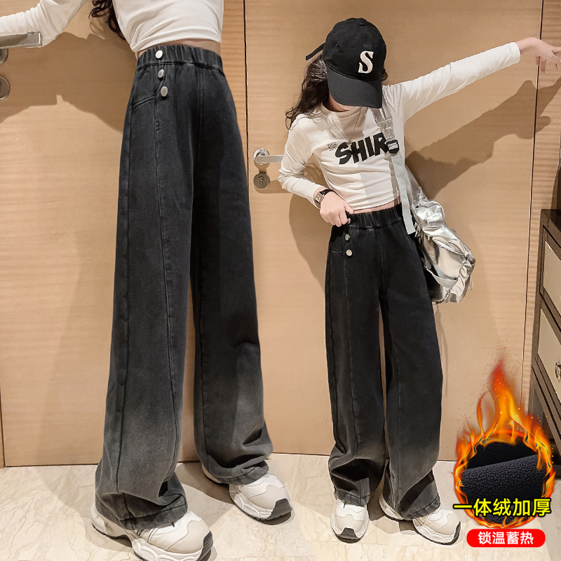 女童阔腿裤秋冬款大童加绒加厚黑色牛仔裤冬季长裤一体绒儿童裤子