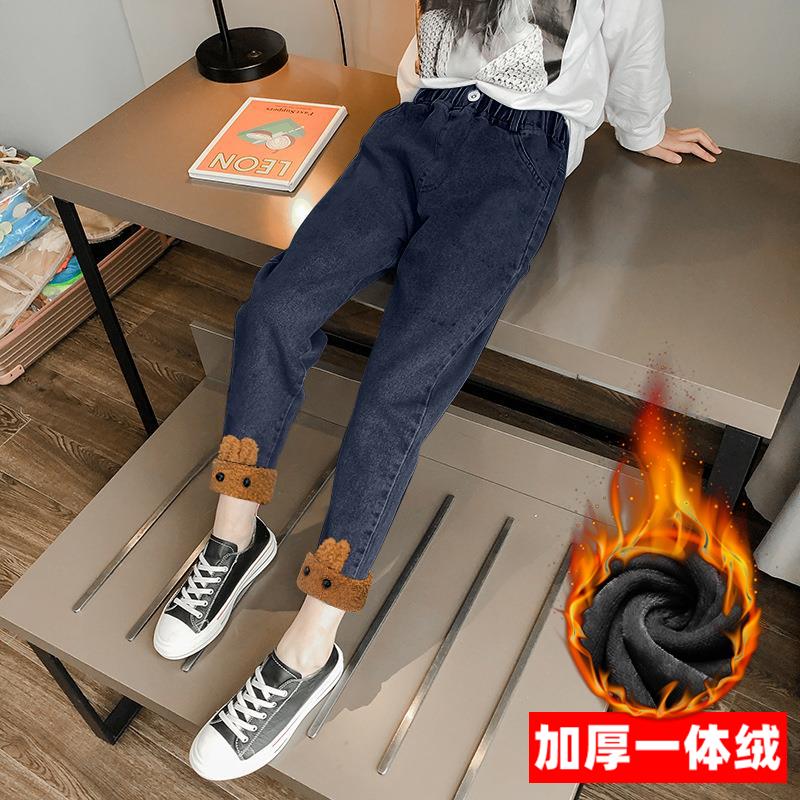 女童加绒加厚牛仔裤2023冬新款弹力洋气女孩中大童宽松一体绒裤子
