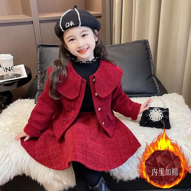 女童香风套装年服秋冬装2023新款儿童外套秋冬宝宝呢子加厚两件套