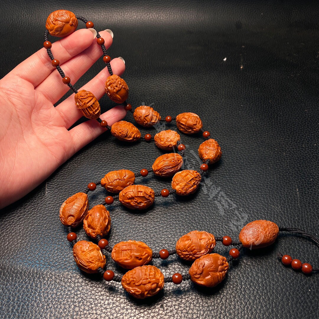 「1.8风景园林脖挂」橄榄核雕刻文玩佛珠念珠长链核雕手工艺品手把