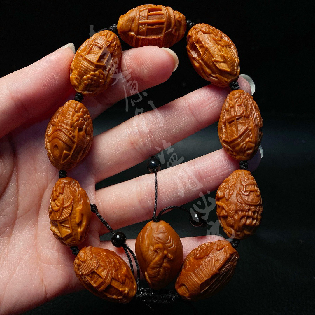 「1.7风景园林手串」 橄榄核雕刻文玩手串佛珠念珠手工艺品手把件