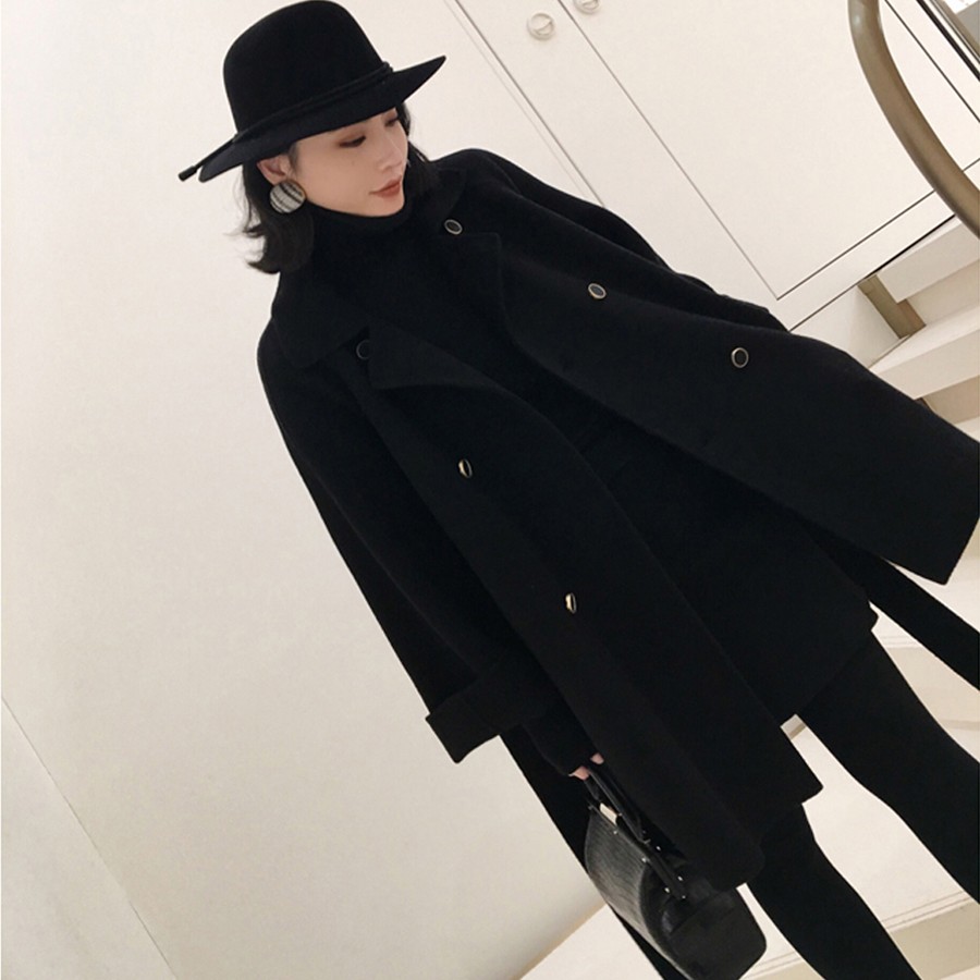 小个子纯手工双面呢呢子大衣女秋冬新款黑色斗篷式毛呢外套中长款
