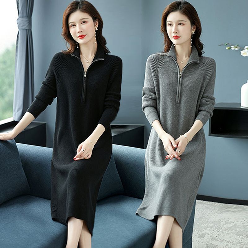 高档秋冬V领宽松针织连衣裙大码柔软过膝长裙胖MM打底衫精致显高A