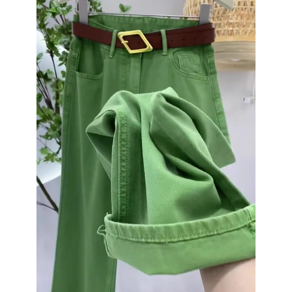 绿色牛仔裤2025年新款女春季大码梨形身材直筒显瘦高腰窄版阔腿裤